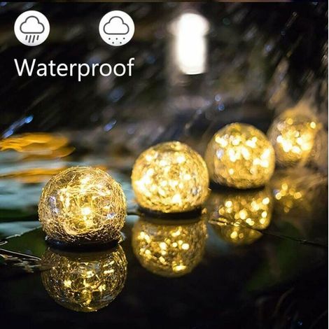 Lampes solaires de jardin, boule de verre fissuré étanche à LED blanche chaude pour la décoration de pelouse de cour de patio extérieur, 1 globe (1/4)