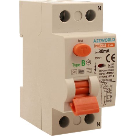 RCCB Interruttore Differenziale Puro Tipo B 1P+N 2M 10000A 30mA AC 230V IP20 IEC61008-1 / IEC62423 PR8HM, Corrente Disponibili 25A 40A 63A 100A (25A)
