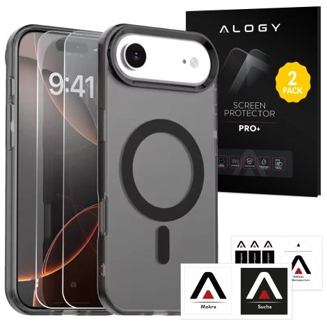 Coque pour Apple iPhone 17 Air - Finition mate compatible MagSafe avec protection d'objectif, fine et résistante aux rayures, ajustement parfait - Alogy Skinny MatteCase™ Noir + 2 protections d'écran