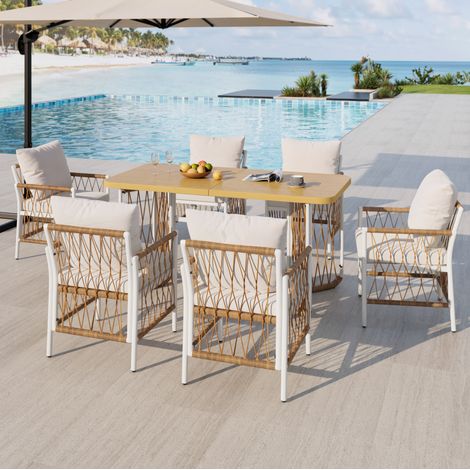 Gartenmöbel-Set 1 Tisch und 6 Stühle aus PE-Rattan, Kissen inklusive, beige HAVRYA (1/5)