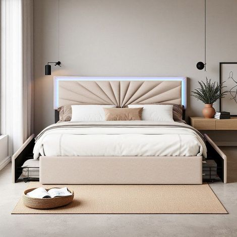 Doppelbett gepolstert 160x200 cm mit LED und 4 Schubladen - Bett 160x200 cm mit Lattenrost - Höhenverstellbares Kopfteil - Beige Stoff