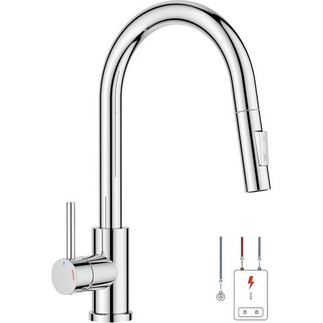 Robinet Cuisine à Basse Pression, Robinet Cuisine Douchette, 2 jets, Pivotant à 360°, Robinet evier de cuisine, Economie d'énergie, Installation facile, Chrome Poli (1/5)