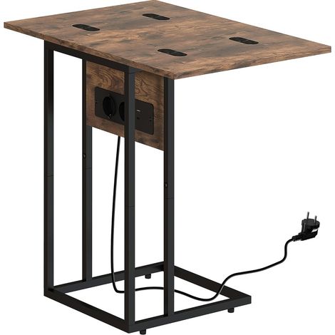 Mesa auxiliar plegable con estación de carga, metal y madera, 39 x 29 x 57 cm, marrón (1/5)