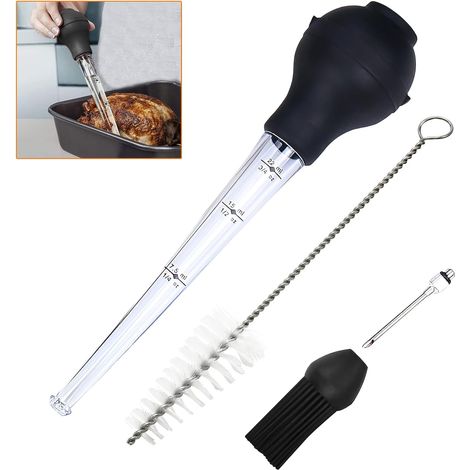 Sollbry Jeringa para carne, jeringa para salsa barbacoa de pollo y pavo con cepillo de limpieza, cepillo de silicona y aguja inyectora, pipeta para barbacoa, carne de res, tocino, pollo, cerdo y pavo (1/5)