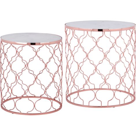 WOMO-DESIGN Beistelltisch 2er Set Phoenix I Ø40/Ø45 cm, in Weiß Banswara Marmor/Kupfer Metall, Wohnzimmertisch Marmor Optik/Kupfer Metallgestell, Unikat, handgefertigt, Couchtisch Glastisch Sofatisch