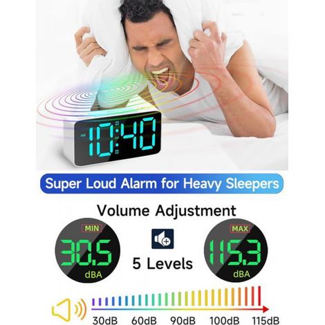 Réveil super puissant pour adultes, horloge numérique avec veilleuse 7 couleurs, variateur, rose + RVB (1/4)