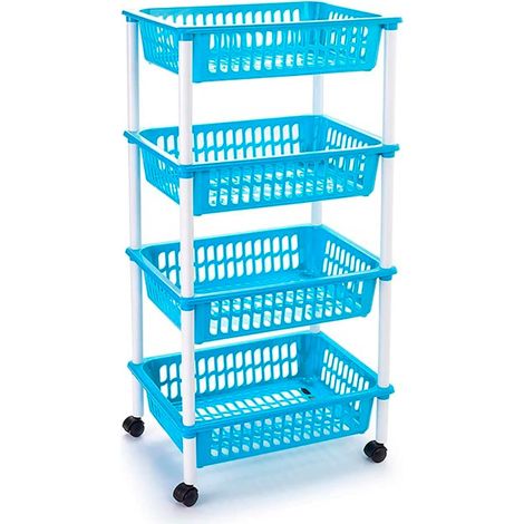 Tradineur PLFT Chariot à légumes en plastique avec 4 niveaux et roues, paniers empilables pour fruits, légumes, cuisine, salle de bain Bleu 85 x 40 x 30 cm (1/4)