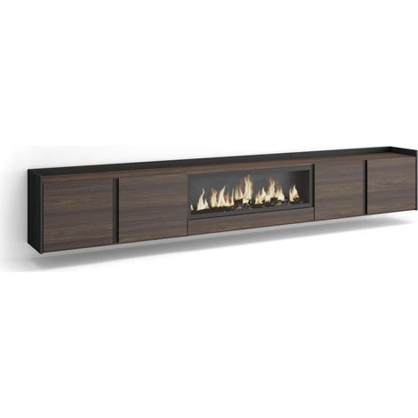 Mueble TV Yunquera-01 de 315x50x35 cm con chimenea y luces LED, suspendido, color roble oscuro y negro (1/4)