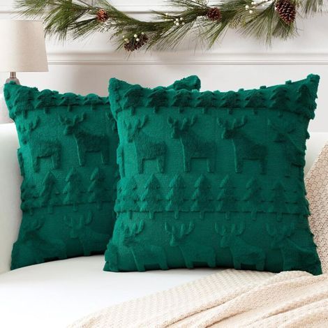 Lot de 2 Doux Laine Courte Housses de Coussin Luxe Style pour Canapé Chambre - Wapiti et Arbre Vert, 45 x 45 cm (1/5)