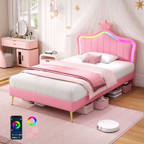 3ft Single Upholstered Bed with LED Adjustable Crown Shape Headboard, PU Leather Bed Frame with Solid Wood Slat, No Box Spring Needed, Easy Assembly, Pink (No Mattress)