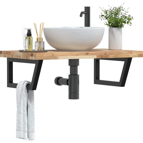 Plan vasque mural 100 x 50 x 4 cm en acacia massif et acier noir, 2 supports - PANGIVO (1/5)