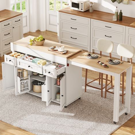 Kücheninsel auf Rollen ausziehbar 137-190x45,2x92 cm - Mobiler Küchenwagen mit Gewürzregal und Schubladen - Moderner Küchenschrank aus MDF - Weiß und Natur (1/5)