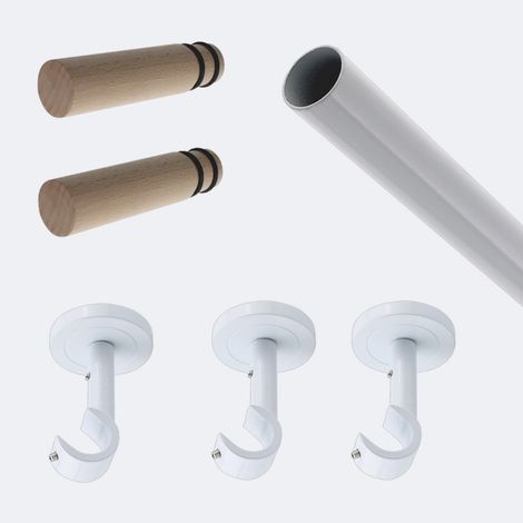 Kit de tringle à rideaux Blanc 250cm Diam.20mm Embout Cylindre Bois - Fixation Plafond - Boulet (1/3)