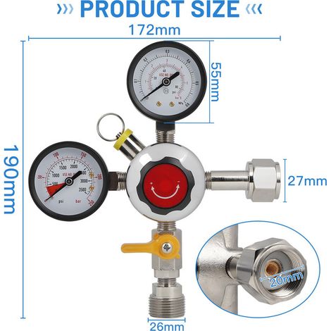 Régulateur de CO2 pour Bière Détendeur de Pression Double Manomètre Filetage W21.8 avec Valve d'Arrêt pour Brasserie Maison Kegerator (1/5)