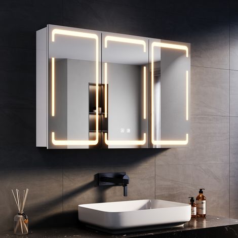 SIRHONA Miroir lumineux de salle de bain Anti-buée meuble à miroir avec éclairage LED Luminosité réglable Commande par Effleurement 3doors 900x600mm (1/5)