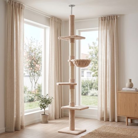 Arbre à chat mural multiniveaux avec hamac réglable en hauteur, 40x34x230-260cm, Beige (1/5)
