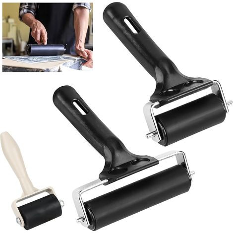 Lot de 3 rouleaux en caoutchouc - 3,5 cm/6 cm/10 cm - Pour impression linoléique - Avec poignée - Pour bloc d'encre - Impression sur bloc