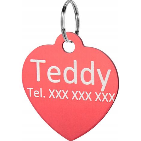 Llavero con placa de identificación grabada para perro, corazón, color rojo. (1/5)