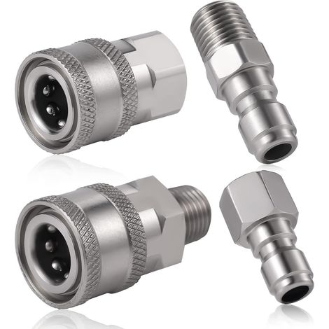 CCYKXA 4-teilige Hochdruckreiniger-Kupplung, 1/4 Zoll NPT Edelstahl-Schnellverbinder männlich weiblich, Hochdruckreiniger-Zubehör mit internem Außengewinde (Silber) (1/4)