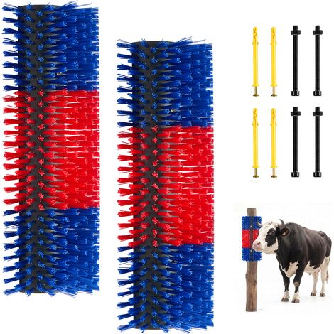 Mophorn Cepillo Rascador para Ganado, 430 x 190 mm, Set de 2 Unidades, Cepillo de Masaje para Caballos, Vacas y Ovejas, Raspador para Aliviar la Picazón en la Espalda, Tornillos Incluidos, Azul y Rojo (1/5)