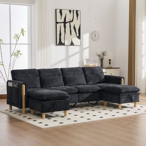 Canapé panoramique en U XL 4 places avec rangement, canapé modulable en chenille avec pouf Noir (1/5)