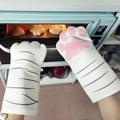 Lot de 2 gants de cuisine à motifs pattes de chat, longs, résistants à la chaleur et antidérapants, en coton, pour la cuisson au four et au barbecue. (1/5)