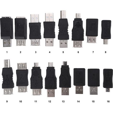 Lot de 16 adaptateurs USB 2.0 multifonctions, convertisseurs USB mâle vers micro USB femelle