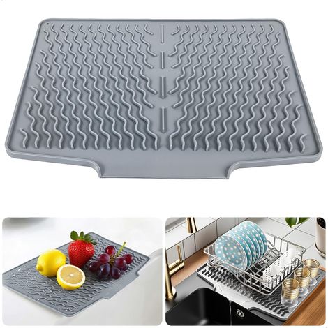 Tapis Egouttoir Vaisselle, Antidérapant Tapis de Séchage Vaisselle en Silicone, Tapis de Drainage de Cuisine pour Evier, Égouttage Efficace et Maintenir la Surface Sèche, 39.6x32.7cm, Gris (1/5)