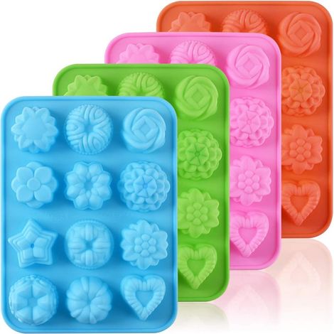 Moule en silicone pour chocolat en forme de fleur, moule de pâtisserie pour bonbons à 12 cavités pour fêtes, festivals et loisirs créatifs - Lot de 4, vert+bleu+rose+orange,Parent,- (1/5)