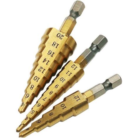 BUNTHAUS 3Pcs Foret à cône étagé HSS à queue hexagonale Outils électroportatifs Accessoires Coupe-trou Changement rapide (1/5)