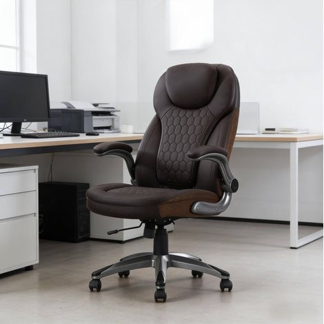 Chaise de bureau de direction en PU et maille marron avec appui-tete, accoudoirs rabattables et fonction bascule 67,5 x 73 x 110,5-120 cm (1/5)