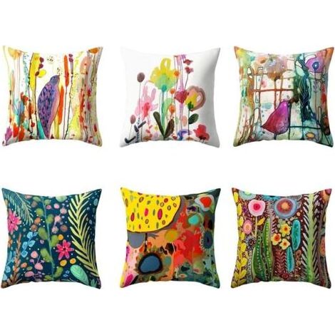 Lot de 6 housses de coussin pour canapé, motif oiseaux et fleurs 45 x 45 cm Cushion Cover (1/5)