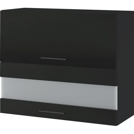 Meuble haut de cuisine Lovia Noir Mat 2 portes relevables avec vitre opaque L 90 cm - Porte avec poignée apparente Black (1/4)