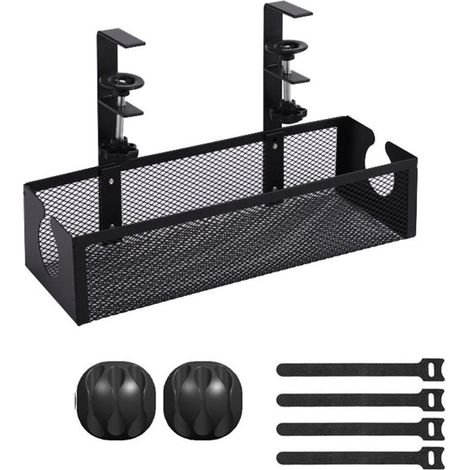 Cesta de almacenamiento para debajo del escritorio, no requiere perforación, rejilla metálica, cesta de enchufe ajustable.