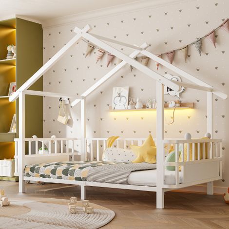 Letto per bambini in metallo a forma di casetta, 90 x 200 cm, con sponda di sicurezza, tetto decorativo e cornice decorativa, per bambini e bambine, bianco. (1/5)