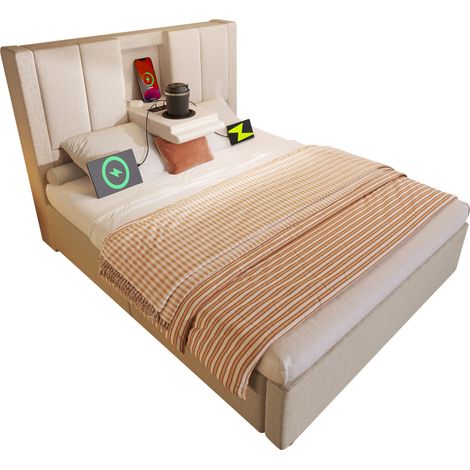 CHICFURN Lit coffre 90x200 cm avec tête de lit relevable, porte-gobelet dissimulé, station de charge USB-C et USB, sommier inclus, beige, sans matelas (1/5)