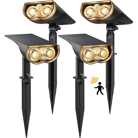 Lampe Solaire Extérieur avec Détecteur de Mouvement 1000Lm, 3000K Blanc Chaud, 3 Modes (y Compris Éclairage Continu), Spot Solaire d'Allée,IP67 Solaire LED Projecteur de Jardin, 4PCS