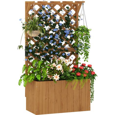 Bac jardinière surélevé bois naturel 64x33x122cm avec treillis culture extérieur