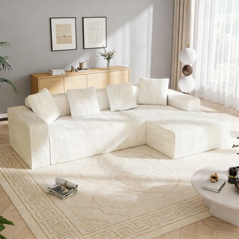 Canapé modulaire 3 place,Canapé d'angle en L avec d'assise profonde,canapés de compression,Tissu velours côtelé,261x146x65cm(Blanc+Beige) (1/5)