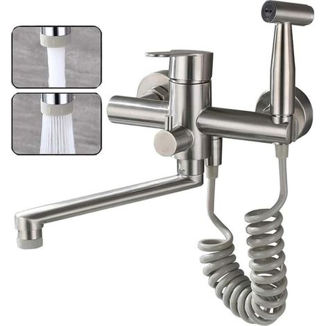 Kitchen Faucet Wall Mounted Wire Drawing 304 Stainless Steel with Gun and 2 Types of Water Jet Sink Mixer Tap Wall Mounted 360° Swivel Taps Brushed Nickel (1/4)