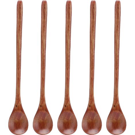 Lot de 5 petites cuillères en bois à long manche, multi-usages, anti-brûlures, pour enfants