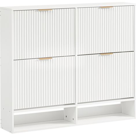 CHICFURN Meuble à chaussures 120 x 24 x 102 cm avec façade rainurée, étagères réglables et clapets, meuble d’entrée blanc peu profond pour couloir, avec sécurité anti-basculement (1/5)