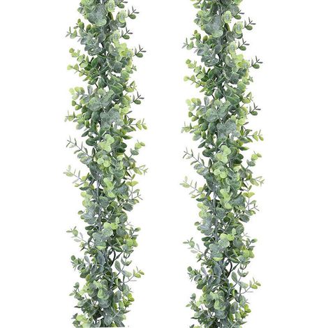 Guirlande d'eucalyptus artificiel, lot de 2 vignes artificielles suspendues, feuilles d'eucalyptus, décoration murale d'arche, 1,8 m/pièce, protection UV, intérieur et extérieur (1/4)