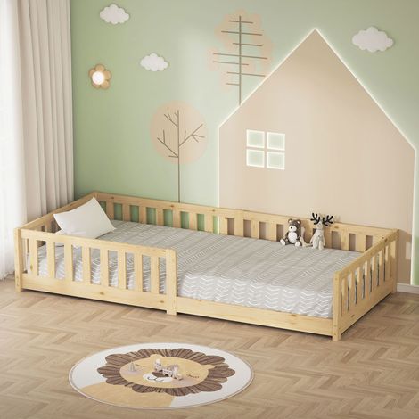 ML-Design Kinderbett 90x200 cm, Natur, Bodenbett für Kinder mit Lattenrost und Rausfallschutz, Jugendbett aus massivem Kiefernholz, Bettgestell für Jungen und Mädchen, Holzbett Babybett Einzelbett (1/5)