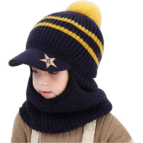 Beauvie-Cagoule enfant, ensemble 2 en 1, bonnet et écharpe d'hiver chauds et coupe-vent, convient aux tout-petits et aux garçons, capuche douce avec pompons, bleu marine. (1/5)