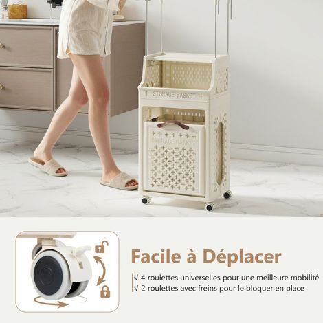 Panier à linge roulant avec cintre, panier à linge en plastique pliable multi-couches avec tringle à vêtements, crochets et bac de rangement - beige (1/5)