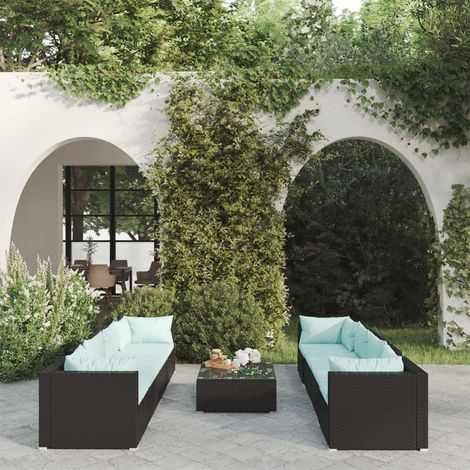 Salon de jardin 9 pcs - Mobilier de jardin - Ensemble repas de jardin avec coussins Résine tressée Noir vidaXL (1/5)