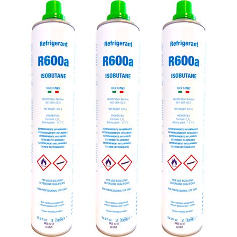 Pack 3 Gas R600a Isobutano 420g  Rosca 7/16"  Refrigerante Ecológico para Frigoríficos  Suministro Profesional 1,26kg