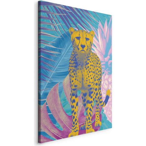Peinture exotique de léopard - Portrait coloré d'un guépard sur fond de feuilles tropicales (1/3)