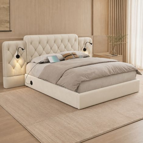 Lit coffre 160x200 cm en velours beige, éclairage LED et USB, gain de place, sans matelas – MEUBLIV (1/5)
